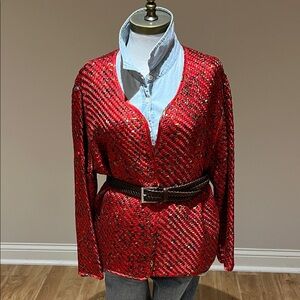Vintage Chico's silk woven Vibrant Red pattern Textured Blazer size XL